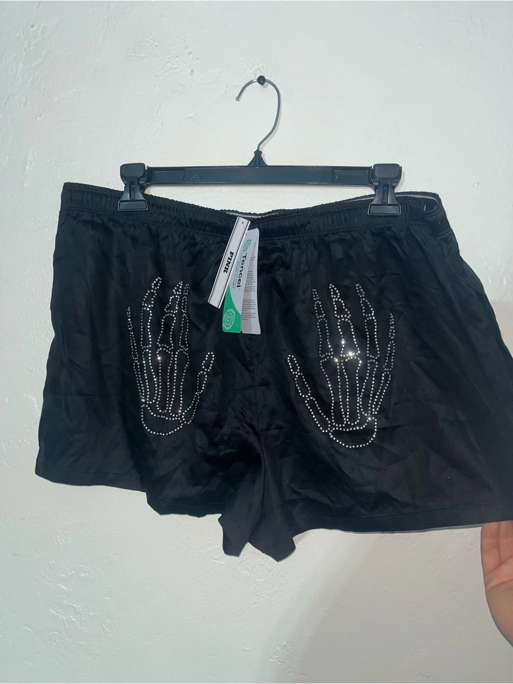Victoria’s Secret Pink Tencel Boxy Pajama Shorts Black Skeleton Diamante Sequins